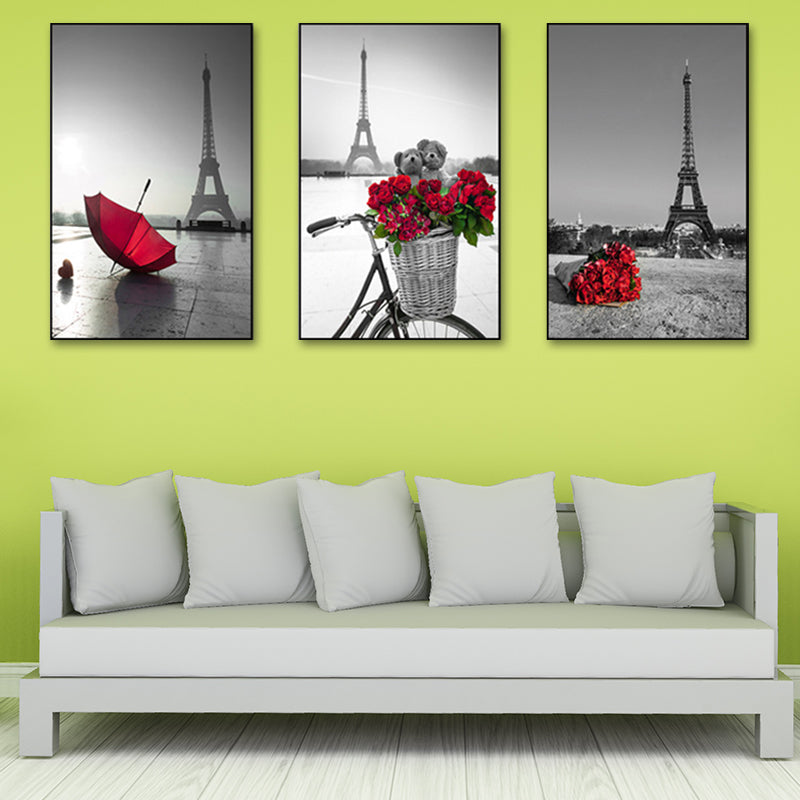 Brehn | Eiffeltoren Wandkunst Set Modernisme Stijlvol Landmark Canvas Print in Grijs en Rood