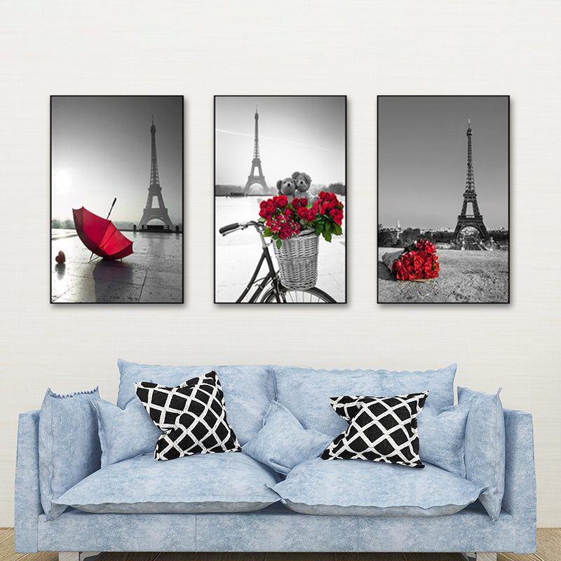 Brehn | Eiffeltoren Wandkunst Set Modernisme Stijlvol Landmark Canvas Print in Grijs en Rood
