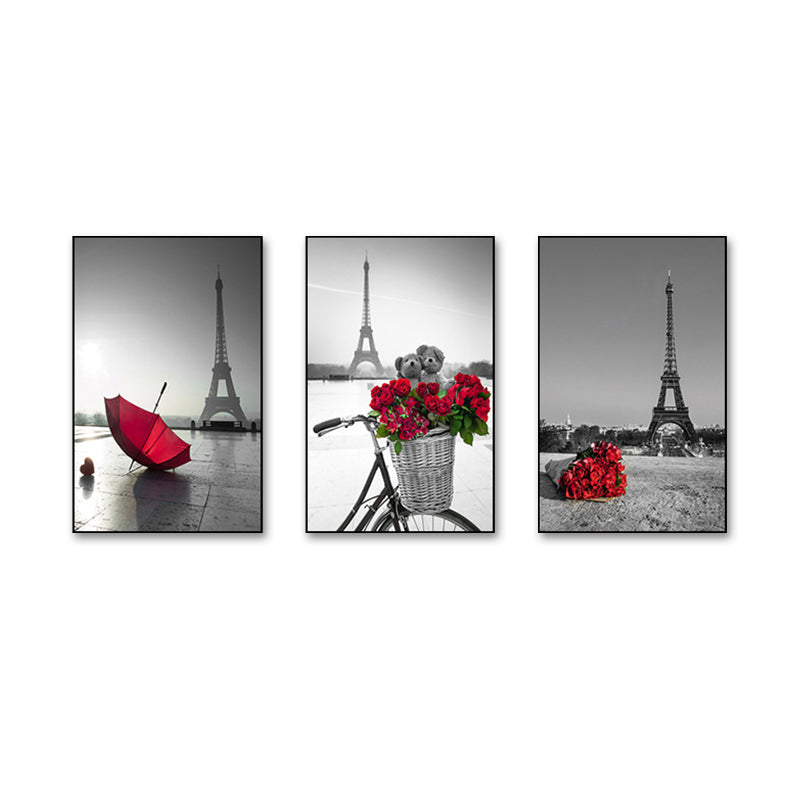 Brehn | Eiffeltoren Wandkunst Set Modernisme Stijlvol Landmark Canvas Print in Grijs en Rood