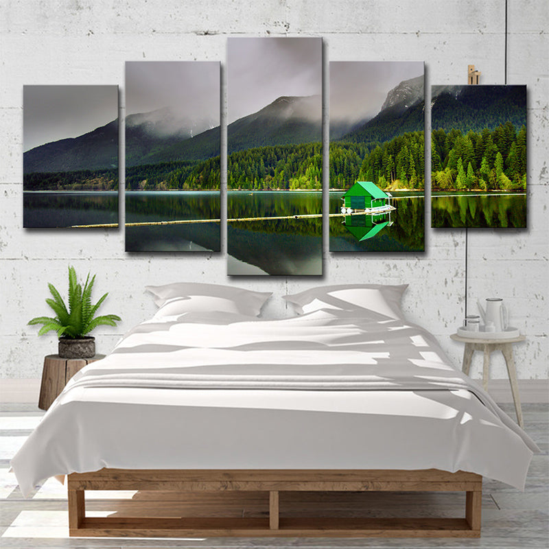 Brehn | Grün Globale Inspirierte Leinwanddruck Seehaus und die Waldlandschaft Wandkunst