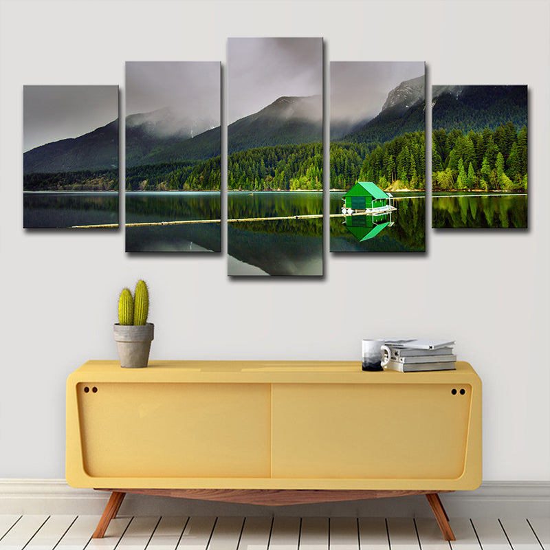 Brehn | Grün Globale Inspirierte Leinwanddruck Seehaus und die Waldlandschaft Wandkunst