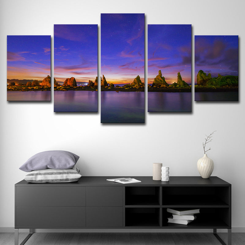 Brehn | Blaue Abendglühen Leinwand Riverside Rocks Szene Moderne Mehrteilig Wandkunst Druck