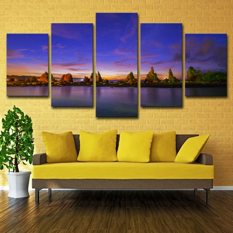Brehn | Blaue Abendglühen Leinwand Riverside Rocks Szene Moderne Mehrteilig Wandkunst Druck