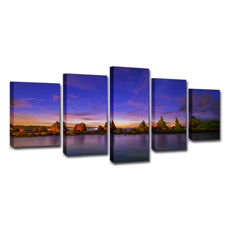 Brehn | Blaue Abendglühen Leinwand Riverside Rocks Szene Moderne Mehrteilig Wandkunst Druck