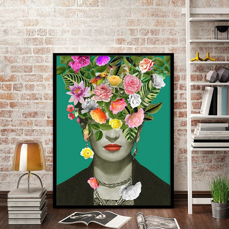 Brehn | Grüne Bohemian Stil Leinwand Frau mit Blumenkranz Wandkunst für das Wohnzimmer