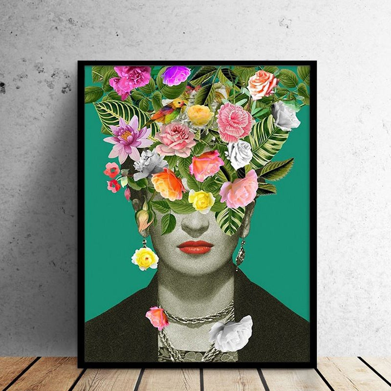 Brehn | Grüne Bohemian Stil Leinwand Frau mit Blumenkranz Wandkunst für das Wohnzimmer