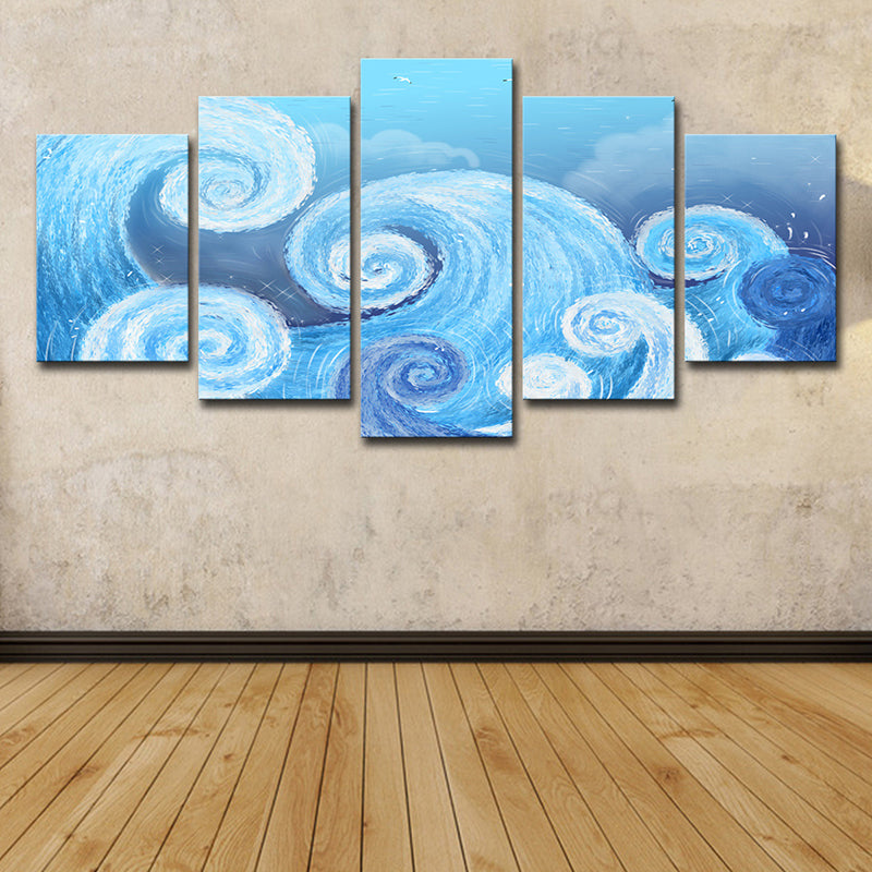 Brehn | Blaues Spiralgemälde Wandkunst Dekor Mehrteiliges Tropisches Wohnzimmer Leinwanddruck