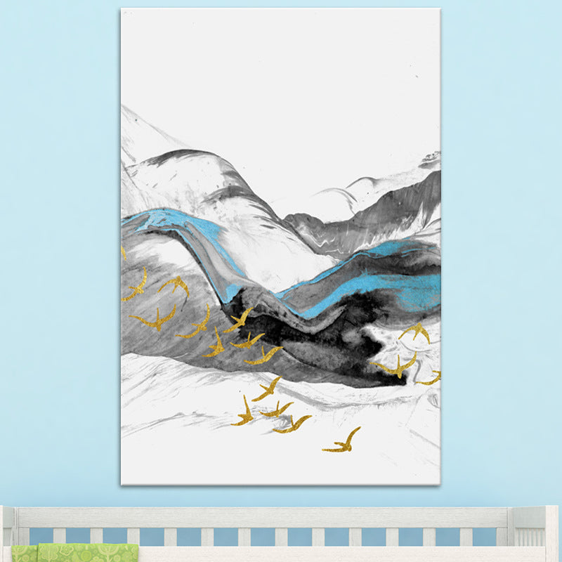 Brehn | Vogel, der über Berge fliegt, Gemälde, texturiert, Moderne, Esszimmer, Wandkunst, Dekor