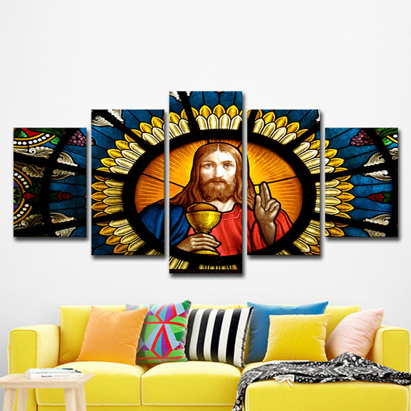 Brehn | Zeitgenössische Leinwand Wandkunst Orange und Blau Jesus Gemälde Wanddekoration für das Wohnzimmer