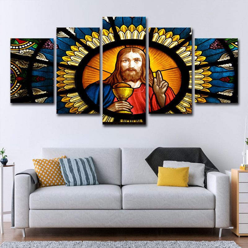 Brehn | Zeitgenössische Leinwand Wandkunst Orange und Blau Jesus Gemälde Wanddekoration für das Wohnzimmer