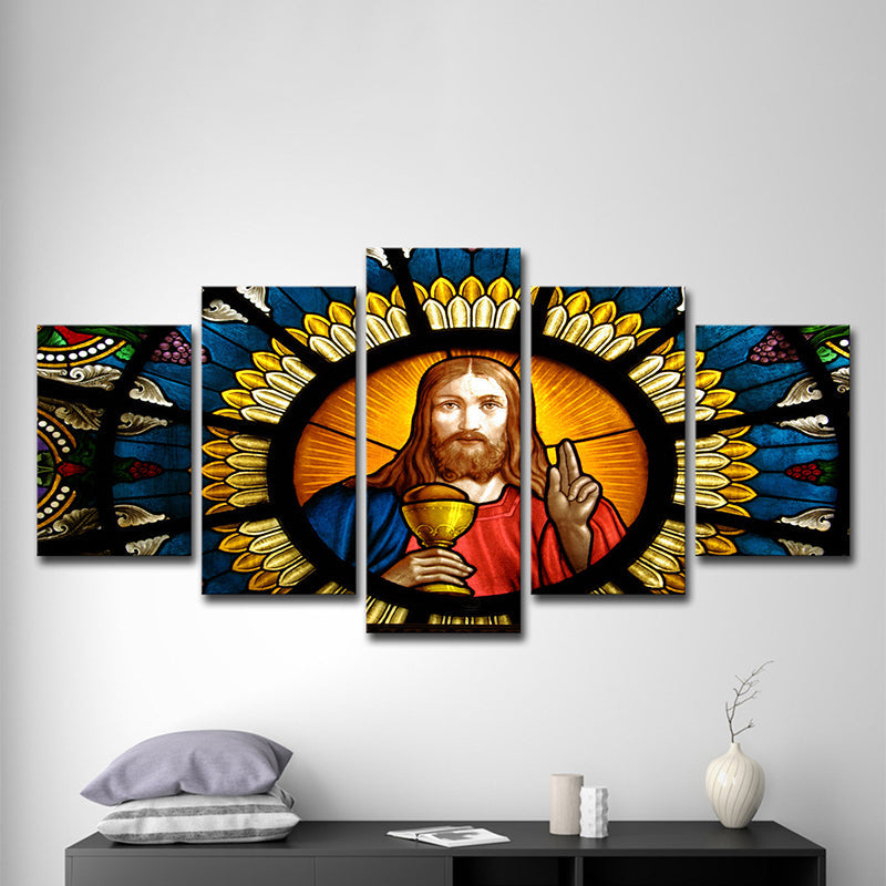 Brehn | Zeitgenössische Leinwand Wandkunst Orange und Blau Jesus Gemälde Wanddekoration für das Wohnzimmer