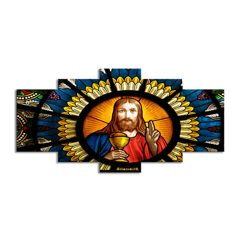 Brehn | Zeitgenössische Leinwand Wandkunst Orange und Blau Jesus Gemälde Wanddekoration für das Wohnzimmer