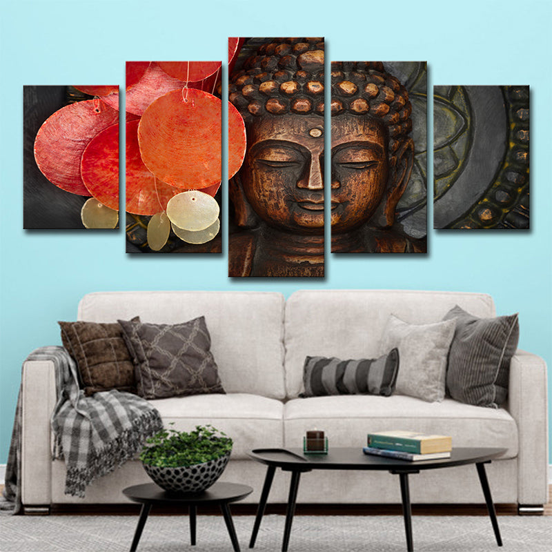 Brehn | Rote buddhistische Skulptur Leinwand Kunst Religion Moderne Mehrteilige Wanddekoration für das Wohnzimmer
