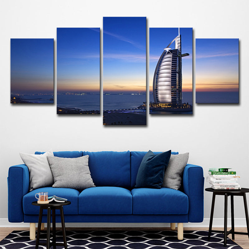 Brehn | Landmark Wandkunst Decor voor Kamer Burj Al Arab Hotel bij Zonsondergang Canvas in Blauw, Meerdere Stukken