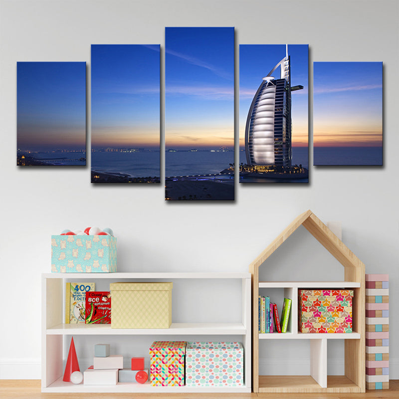 Brehn | Landmark Wandkunst Decor voor Kamer Burj Al Arab Hotel bij Zonsondergang Canvas in Blauw, Meerdere Stukken