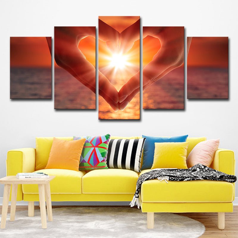 Brehn | Zonsondergang Hart Handen Wandkunst Print Modernistisch Multi-Stuk Canvas in Bruin voor Slaapkamer