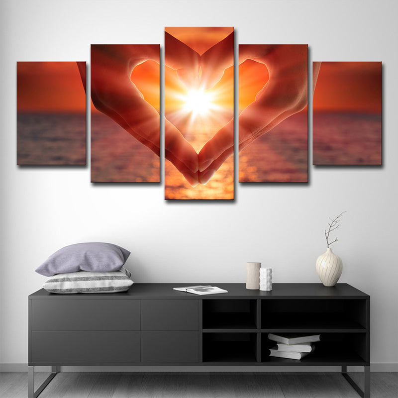 Brehn | Zonsondergang Hart Handen Wandkunst Print Modernistisch Multi-Stuk Canvas in Bruin voor Slaapkamer