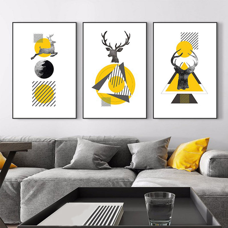 Brehn | Nordic Wandkunst Gelb-Weiße Hirsch und Geometrische Formen Leinwanddruck für Wohnzimmer