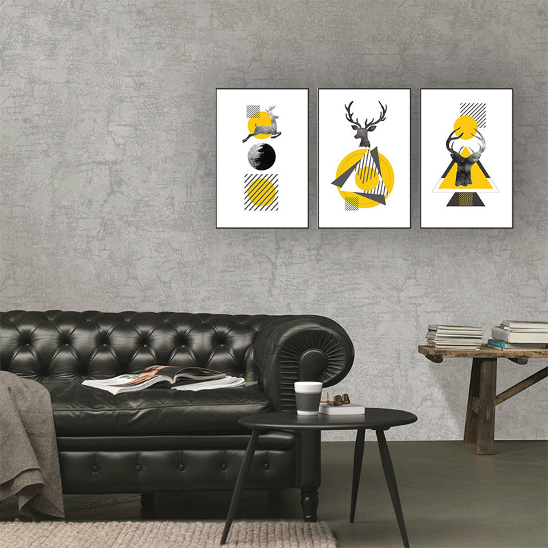 Brehn | Nordic Wandkunst Gelb-Weiße Hirsch und Geometrische Formen Leinwanddruck für Wohnzimmer