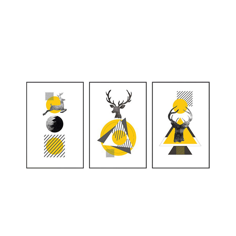 Brehn | Nordic Wandkunst Gelb-Weiße Hirsch und Geometrische Formen Leinwanddruck für Wohnzimmer