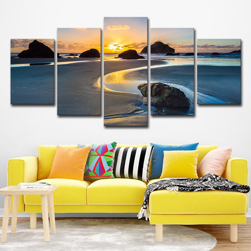 Brehn | Sundown Rock Seashore Wandkunst Gelbe Tropische Leinwanddruck für Wohnzimmer, Mehrteilig