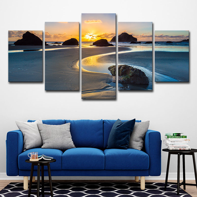 Brehn | Sundown Rock Seashore Wandkunst Gelbe Tropische Leinwanddruck für Wohnzimmer, Mehrteilig