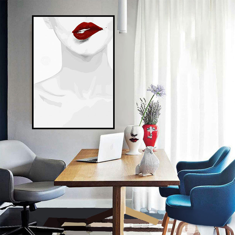 Brehn | Fashion Canvas Wandkunst Minimalistische Sexy Frau Halsknochen und Rote Lippen Wanddekoration in Weiß