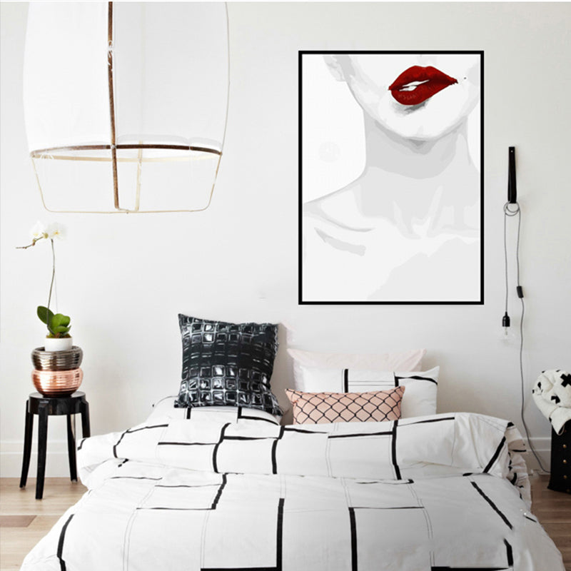Brehn | Fashion Canvas Wandkunst Minimalistische Sexy Frau Halsknochen und Rote Lippen Wanddekoration in Weiß