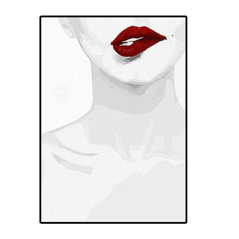 Brehn | Fashion Canvas Wandkunst Minimalistische Sexy Frau Halsknochen und Rote Lippen Wanddekoration in Weiß