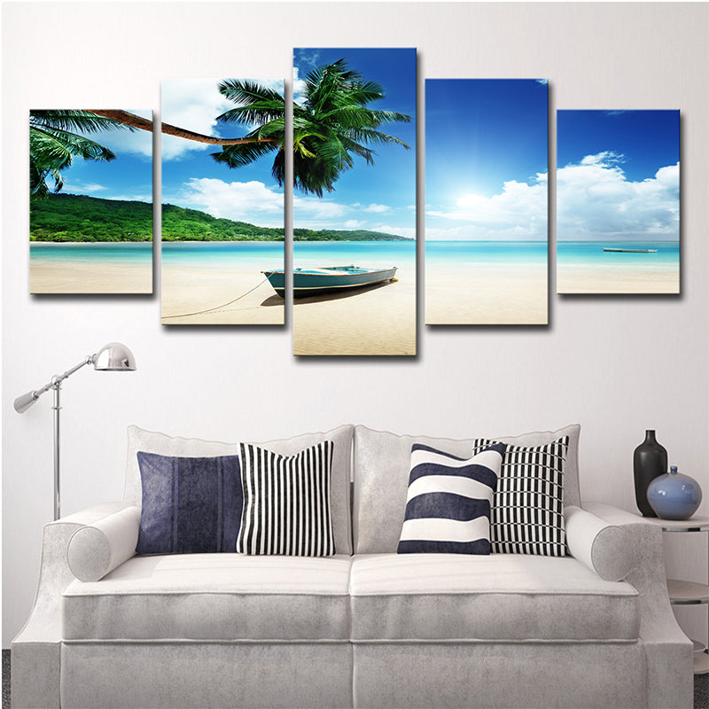Brehn | Tropische Strandlandschaft Wandkunst Blau und Grün Mehrteilige Wanddekoration für Zuhause