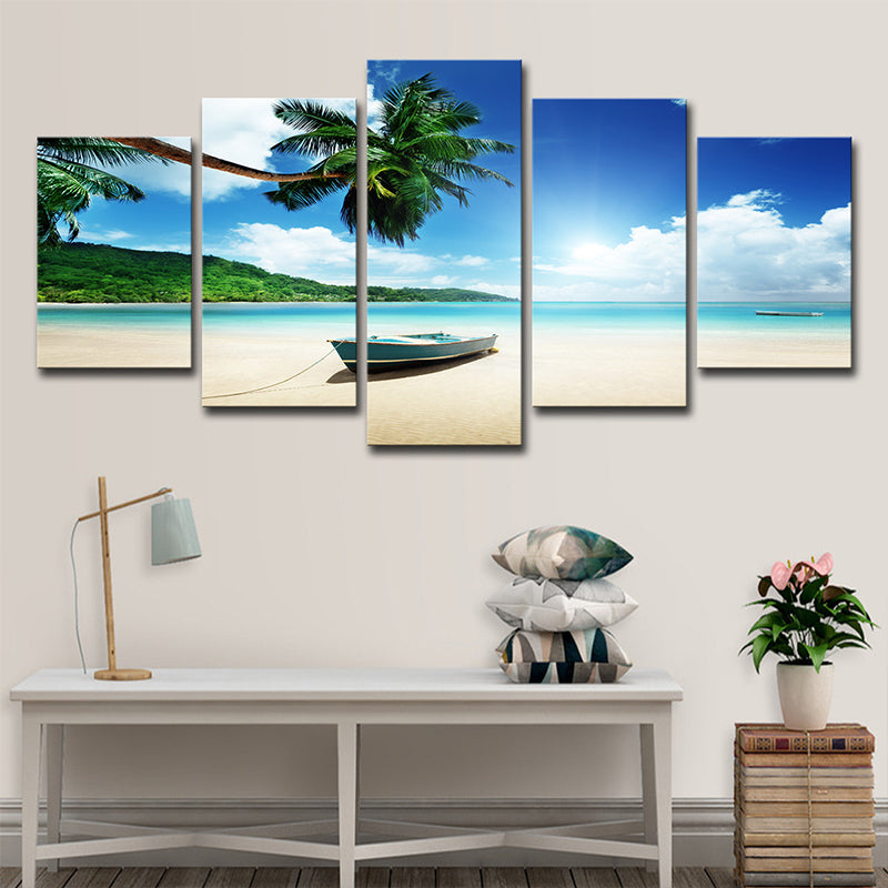 Brehn | Tropische Strandlandschaft Wandkunst Blau und Grün Mehrteilige Wanddekoration für Zuhause