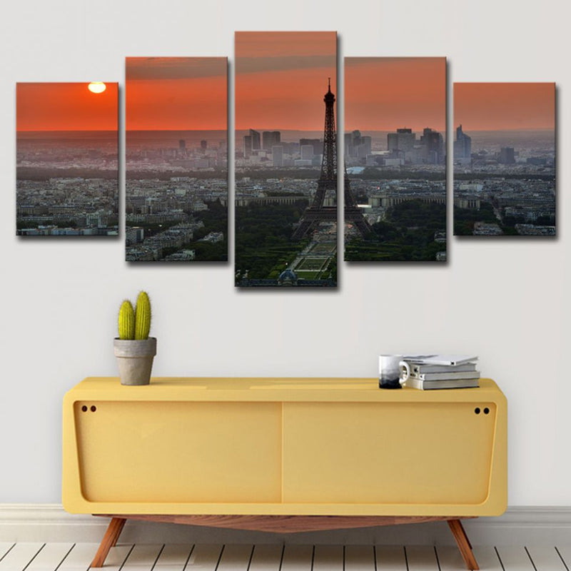 Brehn | Canvas Mehrteiliger Kunstdruck Moderner Sonnenuntergang Luftaufnahme des Eiffelturms Wanddekoration