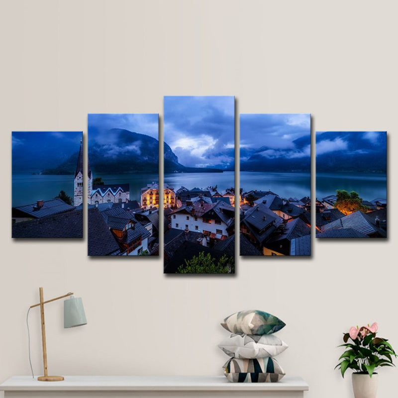 Brehn | Blauer global inspirierter Leinwanddruck Hallstatt See Stadt Nachtlandschaft Wandkunst Dekor für Zuhause