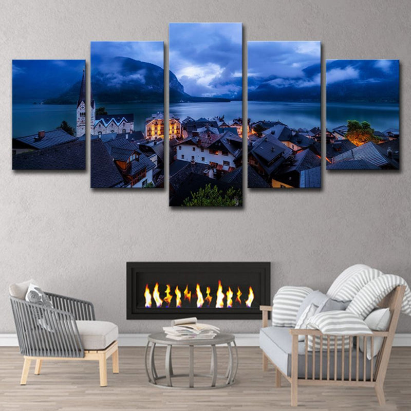 Brehn | Blauer global inspirierter Leinwanddruck Hallstatt See Stadt Nachtlandschaft Wandkunst Dekor für Zuhause