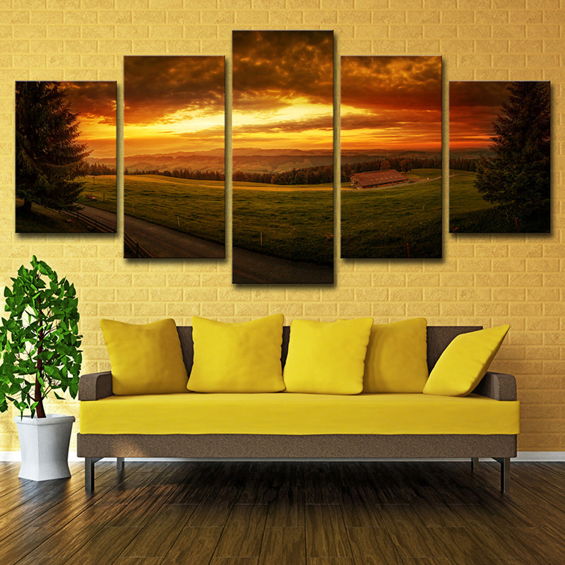 Brehn | Sundown Farmland Scenery Wanddecoratie Gele Modernistische Canvasdruck für Zithoek