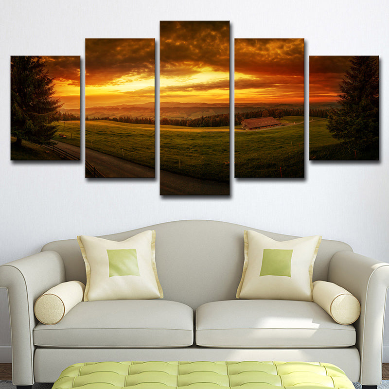 Brehn | Sundown Farmland Scenery Wanddecoratie Gele Modernistische Canvasdruck für Zithoek