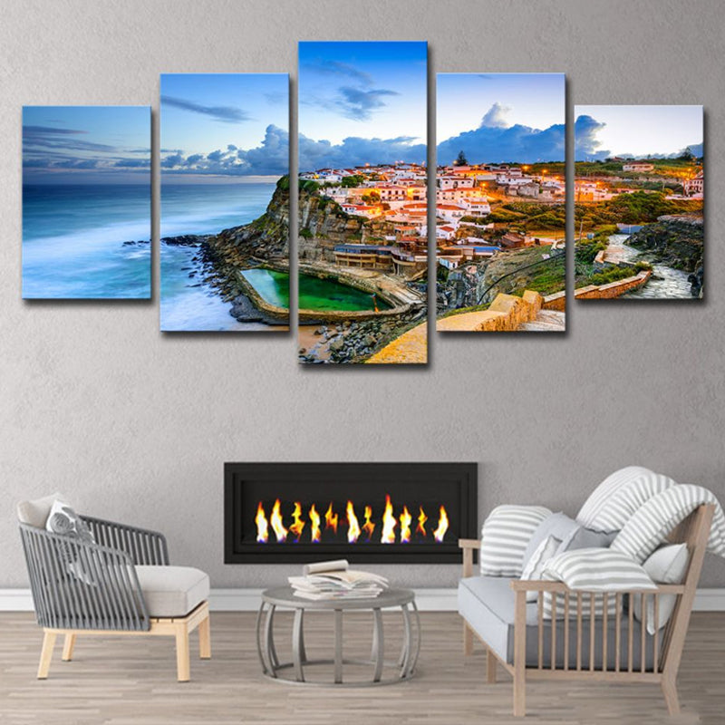 Brehn | Schilderachtige Portugal Canvas Afdruk Thuis Kustplaats Zeelandschap Wanddecoratie in Blauw