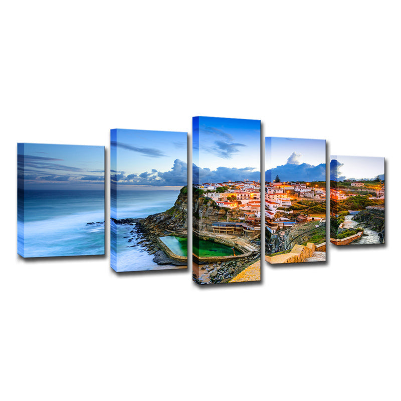 Brehn | Schilderachtige Portugal Canvas Afdruk Thuis Kustplaats Zeelandschap Wanddecoratie in Blauw