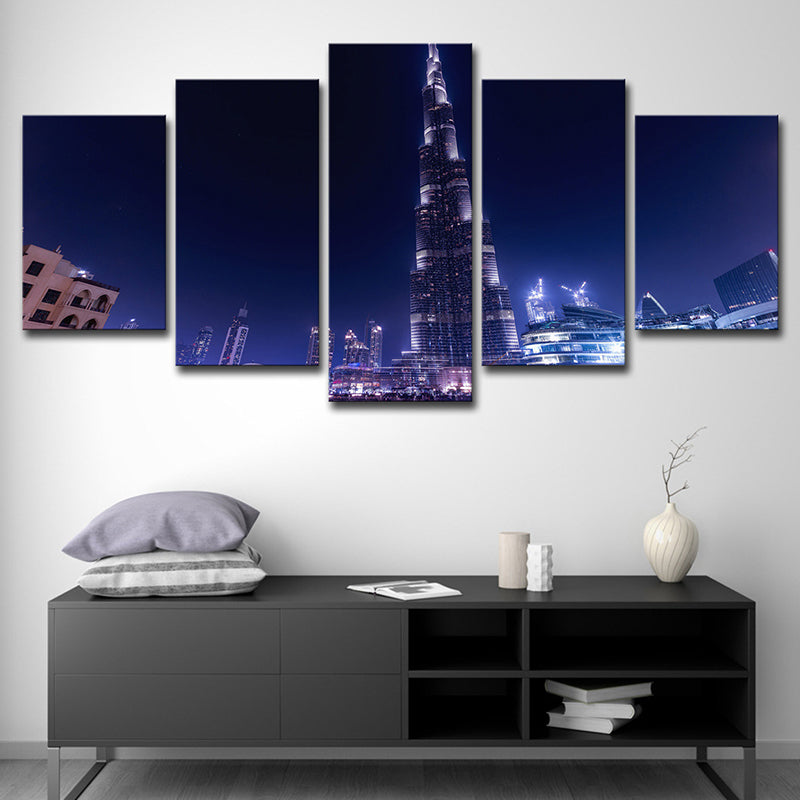Brehn | Globaal Geïnspireerde Wanddecoratie Blauwe Dubai Burj Khalifa 's Nachts Canvas Afdruk voor Thuis