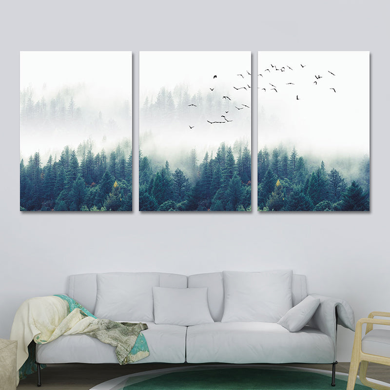 Brehn | Textured Groene Canvas Print Moderne Vogels Zwijgen Vliegen over Mistige Bos Wanddecoratie Set