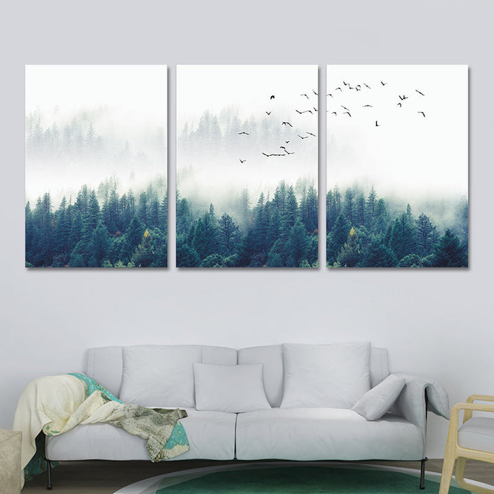 Brehn | Textured Groene Canvas Print Moderne Vogels Zwijgen Vliegen over Mistige Bos Wanddecoratie Set