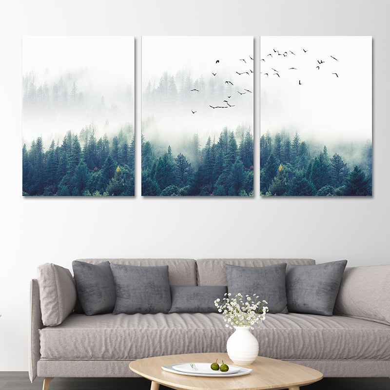 Brehn | Textured Groene Canvas Print Moderne Vogels Zwijgen Vliegen over Mistige Bos Wanddecoratie Set