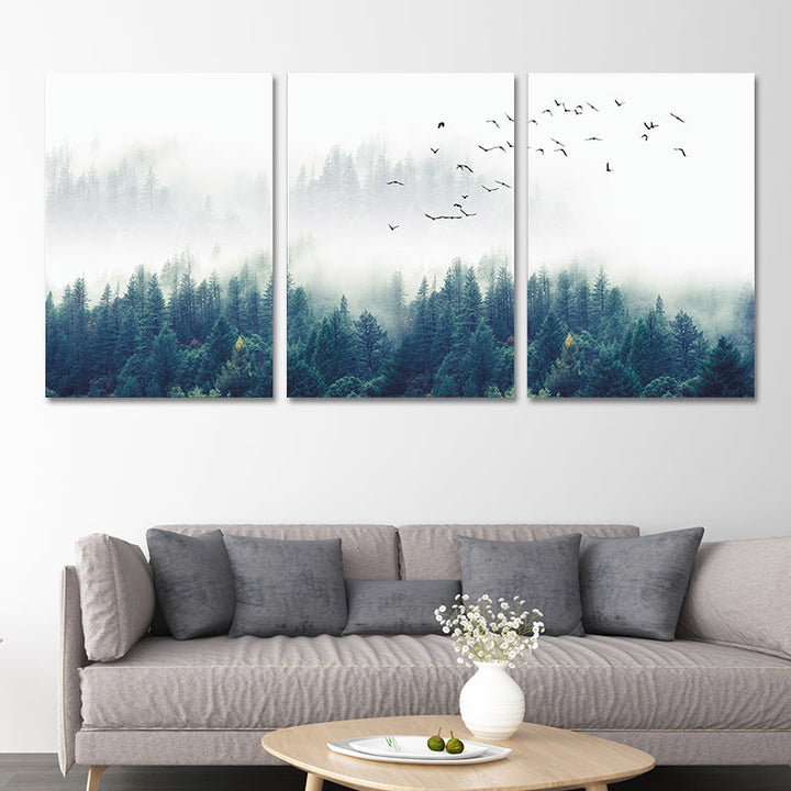 Brehn | Textured Groene Canvas Print Moderne Vogels Zwijgen Vliegen over Mistige Bos Wanddecoratie Set