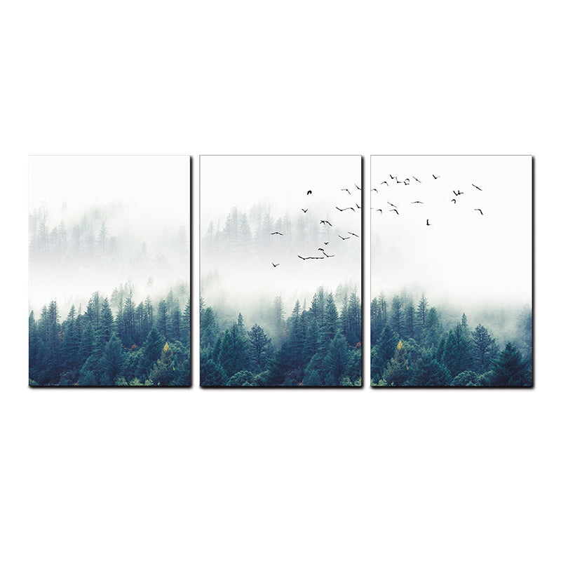 Brehn | Textured Groene Canvas Print Moderne Vogels Zwijgen Vliegen over Mistige Bos Wanddecoratie Set