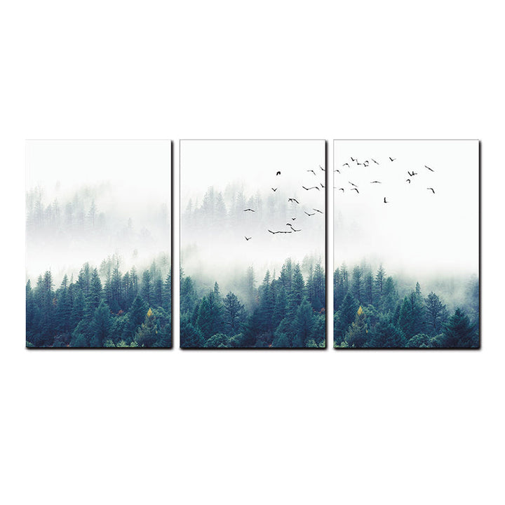 Brehn | Textured Groene Canvas Print Moderne Vogels Zwijgen Vliegen over Mistige Bos Wanddecoratie Set