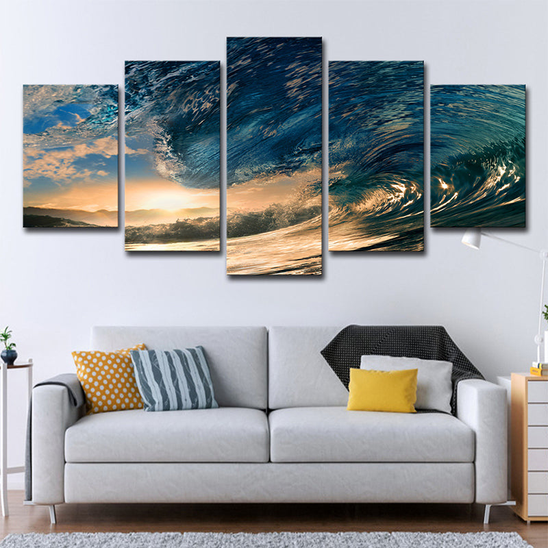 Brehn | Surge und Sunset View Leinwand Tropische Mehrteiliges Wandkunstdruck in Blau für Schlafzimmer