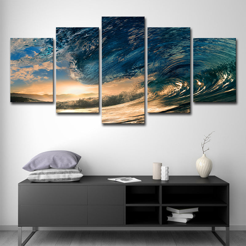 Brehn | Surge und Sunset View Leinwand Tropische Mehrteiliges Wandkunstdruck in Blau für Schlafzimmer
