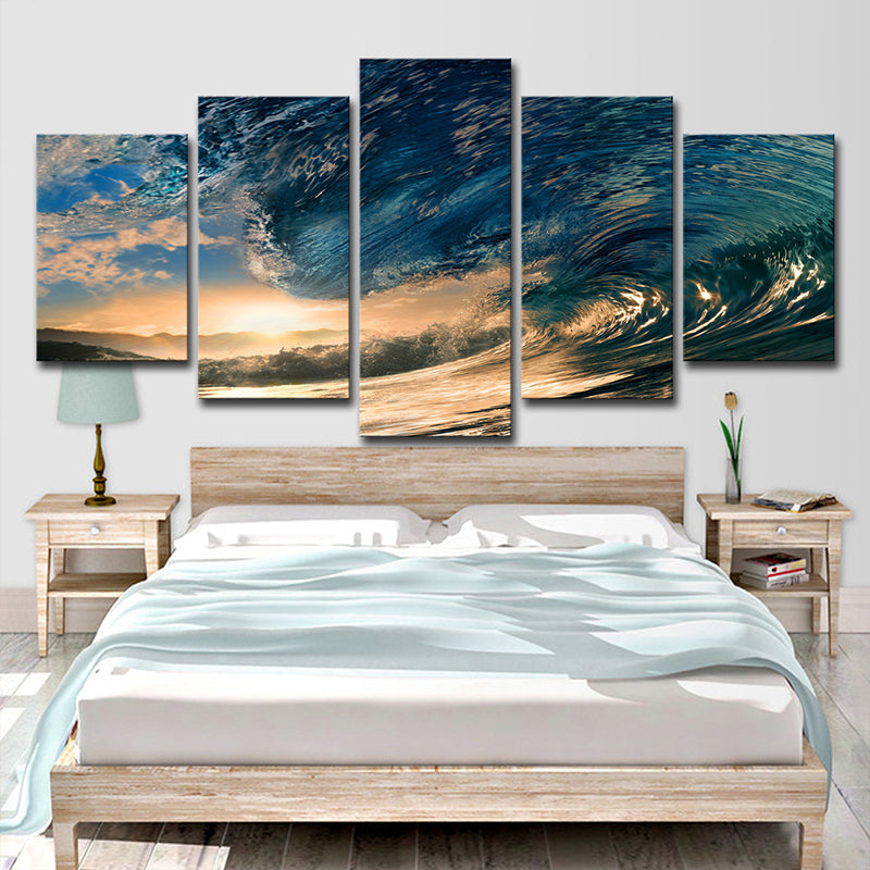 Brehn | Surge und Sunset View Leinwand Tropische Mehrteiliges Wandkunstdruck in Blau für Schlafzimmer