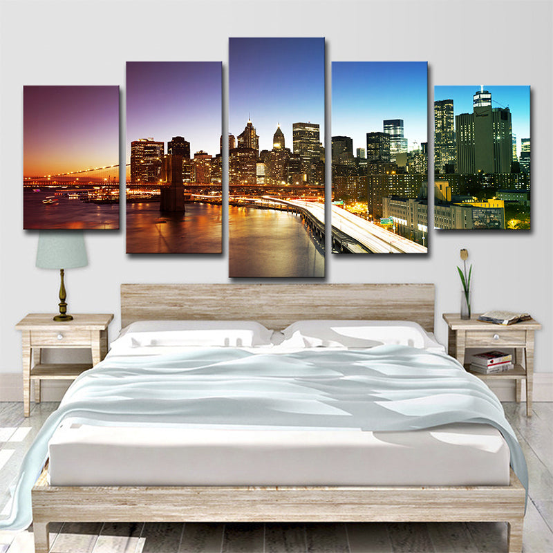Brehn | Nachtfall Manhattan Bridge Canvasdruck Global Inspiriert Verzaubernde Stadtlandschaft Wandkunst in Grau