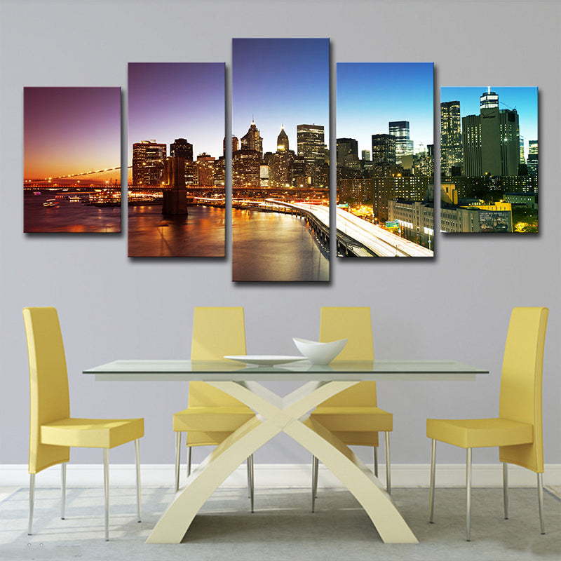 Brehn | Nachtfall Manhattan Bridge Canvasdruck Global Inspiriert Verzaubernde Stadtlandschaft Wandkunst in Grau